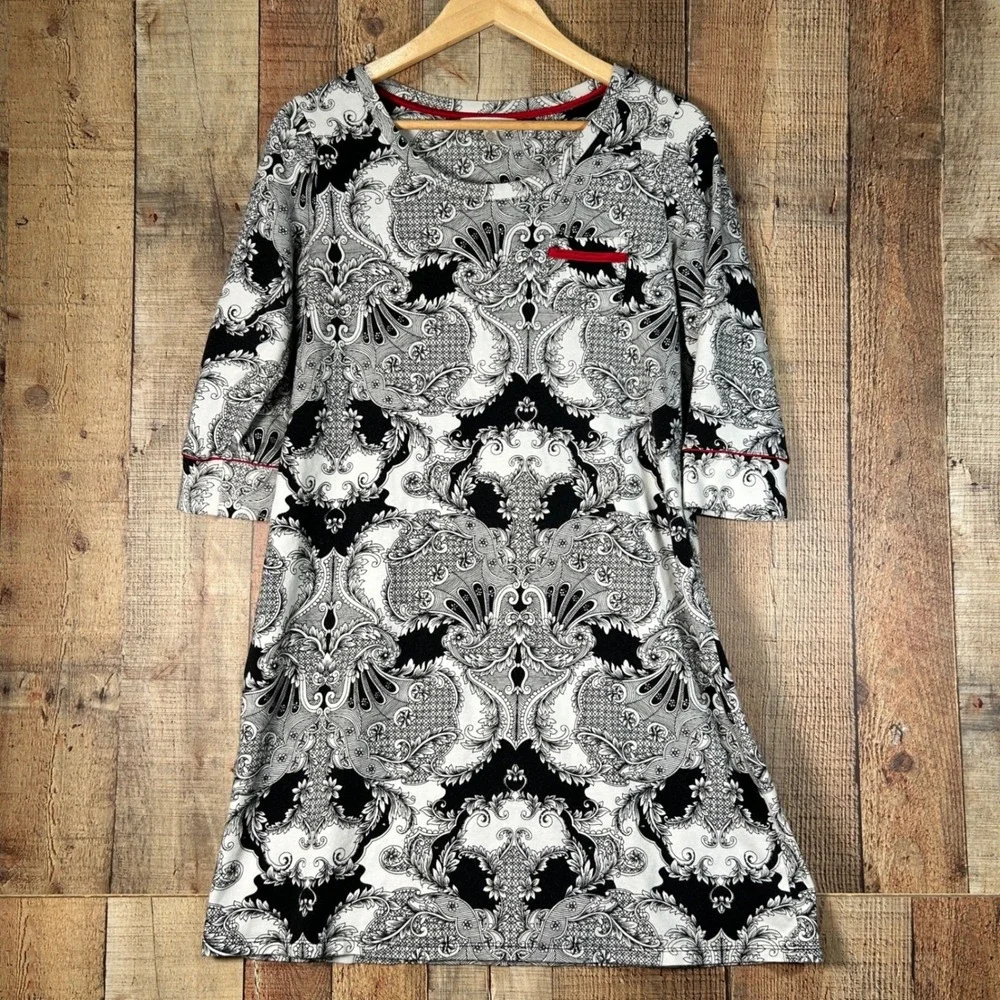 Soma Black White Paisley Sleep Shirt Nightgown Red Trim Loungewear M Nightie